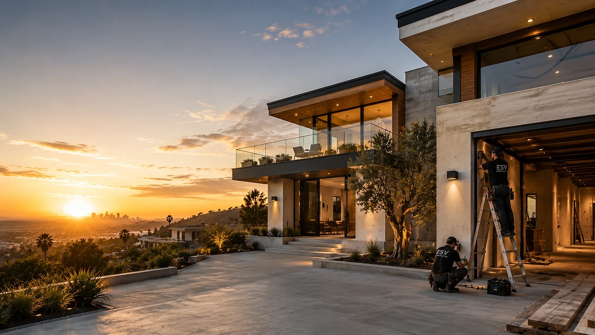 ESV Prime Construction crew building a modern hillside home at sunset in Los Angeles
